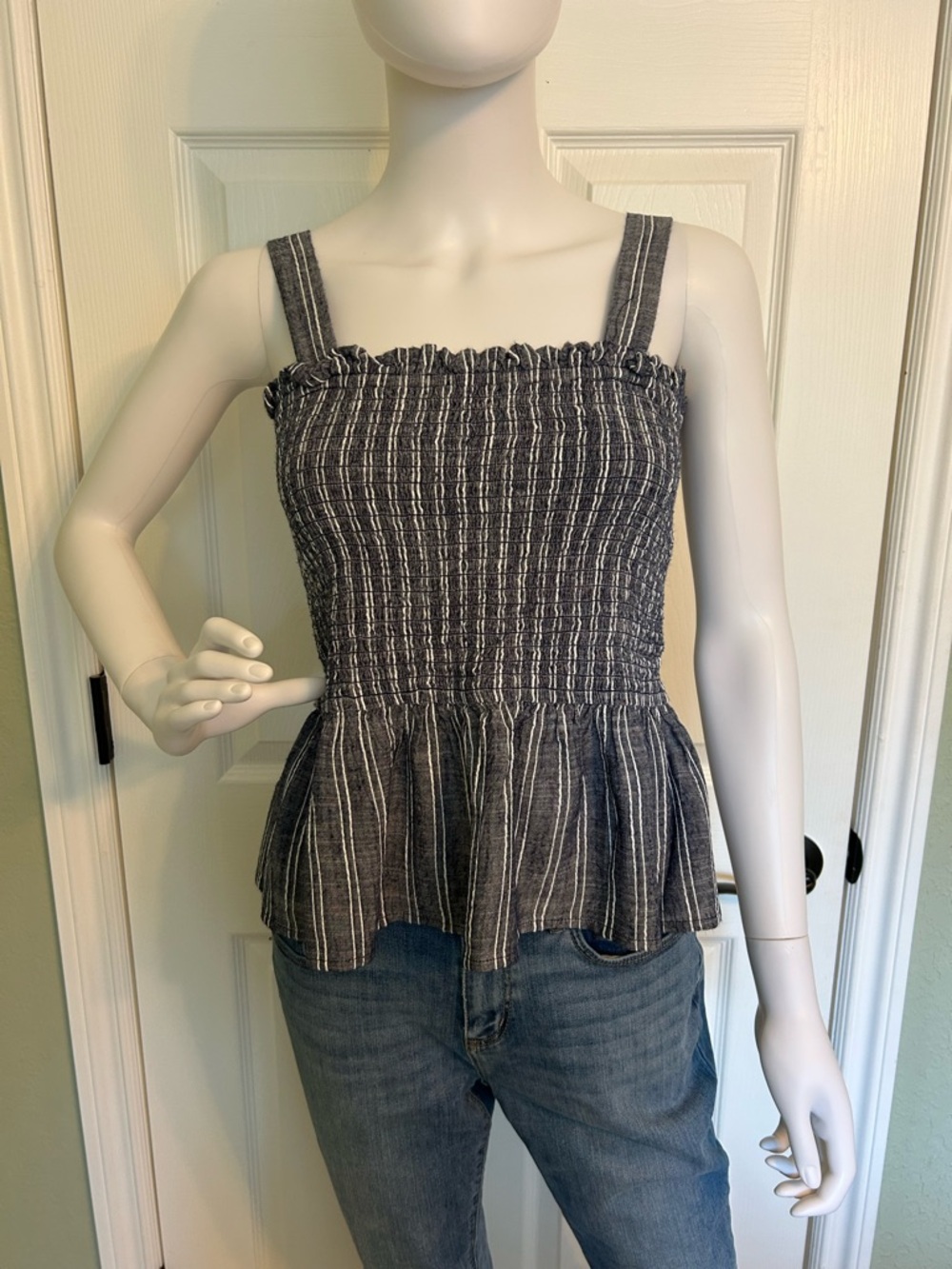 LOFT Blue and White Smocked Peplum Camisole
